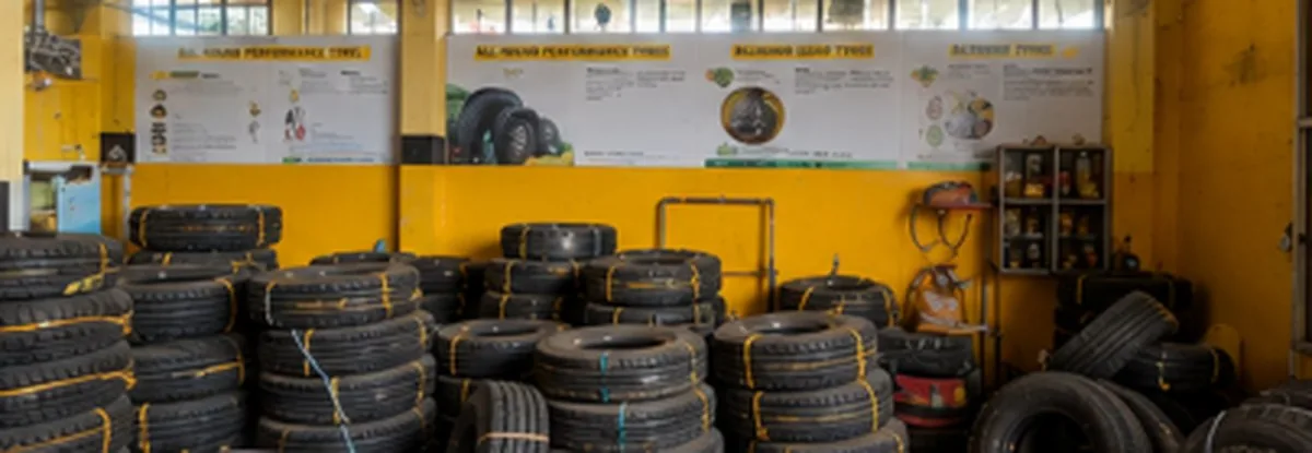 Racks of new car and truck tyres in stock at the showroom